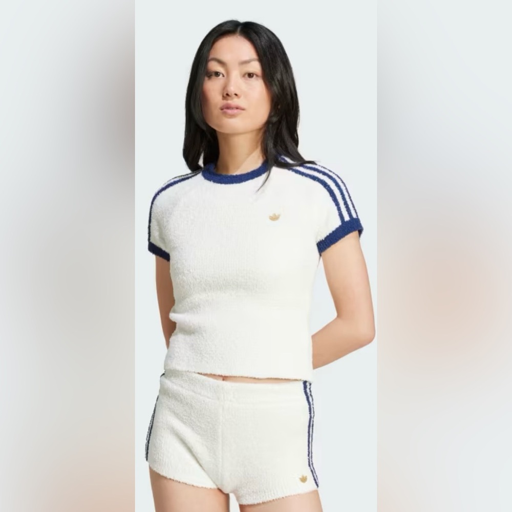 Adidas fluffy knit t-shirt and short set, as seen on Bella Hadid
